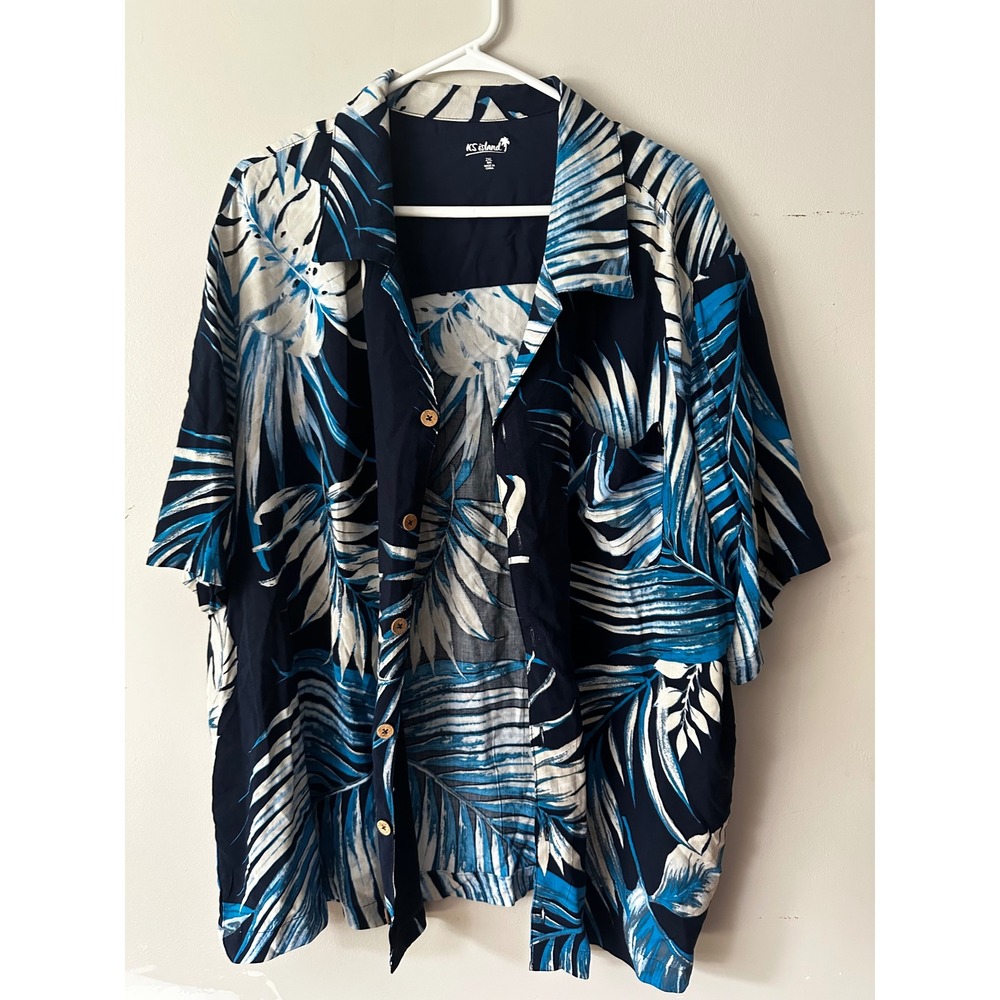 KS Island Mens 2XL Big Hawaiian Shirt Navy Blue Tropical Palm Leaf Button Down